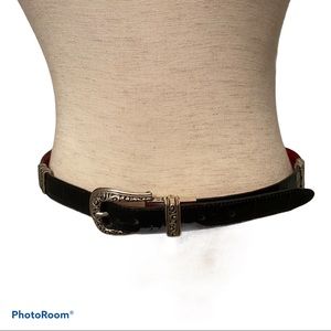 BRIGHTON BELT BLACK RED LEATHER REVERSIBLE SILVER TONE HARDWARE size 32